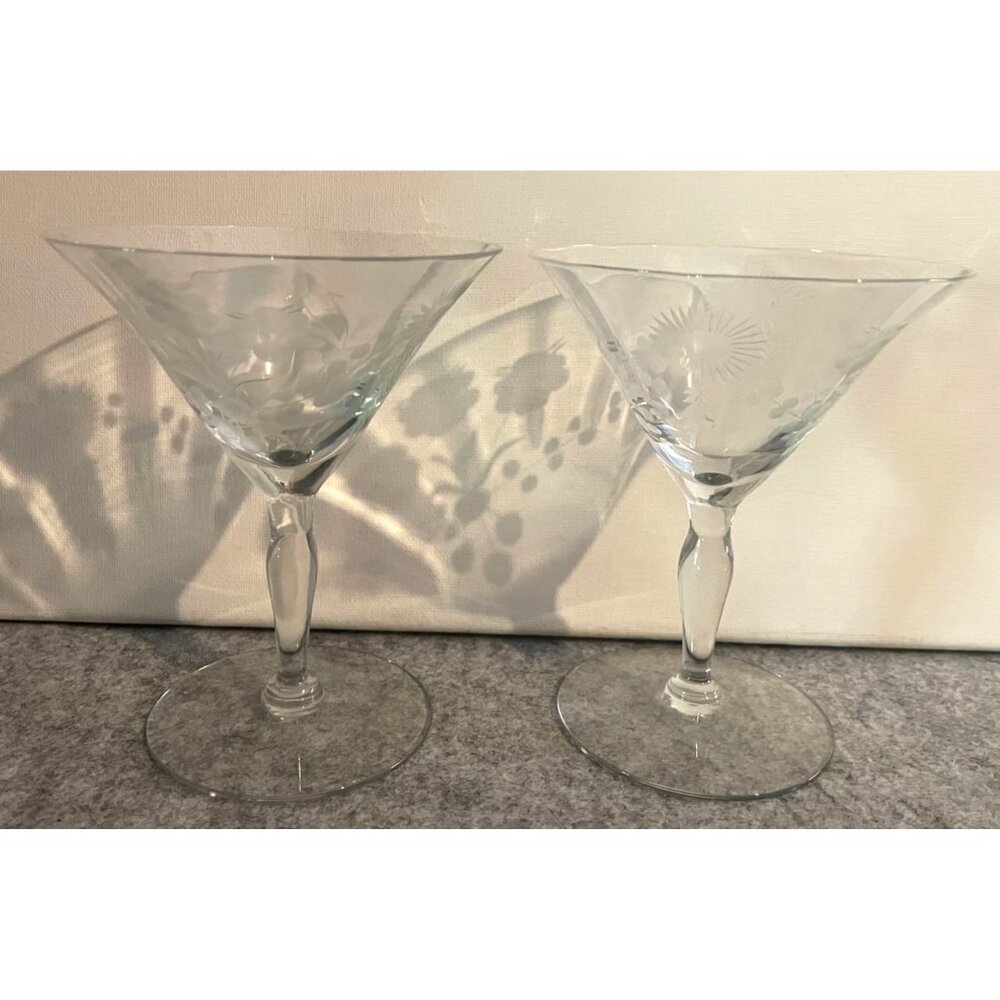 2 Vintage Etched Glass With Flowers Cocktail Glasses MCM 5 inch Tall  #1933